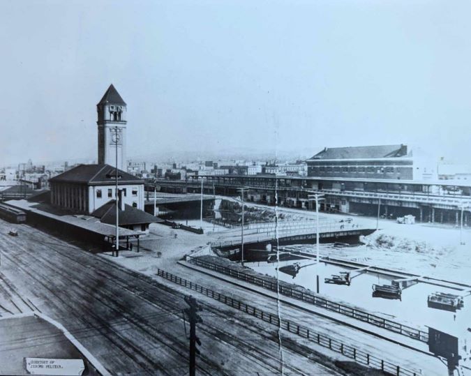 The Great Northern depot and clock tower prior to demolition and re-creation as Riverfront Park.  